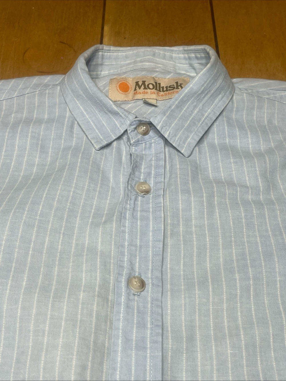 Mollusk Light Blue Pinstripe Casual Button Up Summer Shirt Linen Blend Large USA